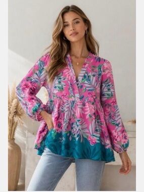 Lilly Pulitzer Tunic I’m Feline Fine Pink Floral Blouse Winona Top Size M